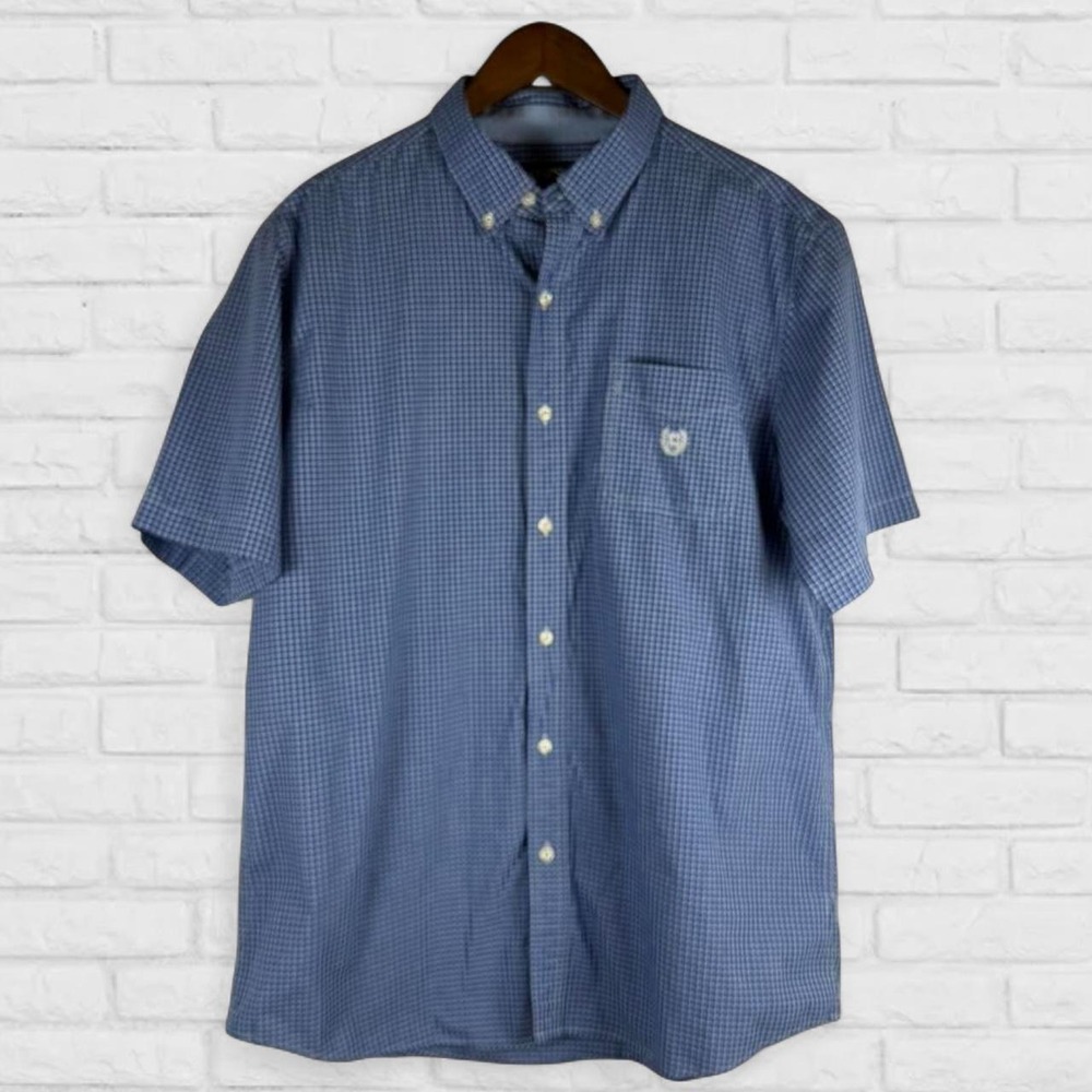 Chaps blue micro-check button-down shirt preppy style with short sleeves